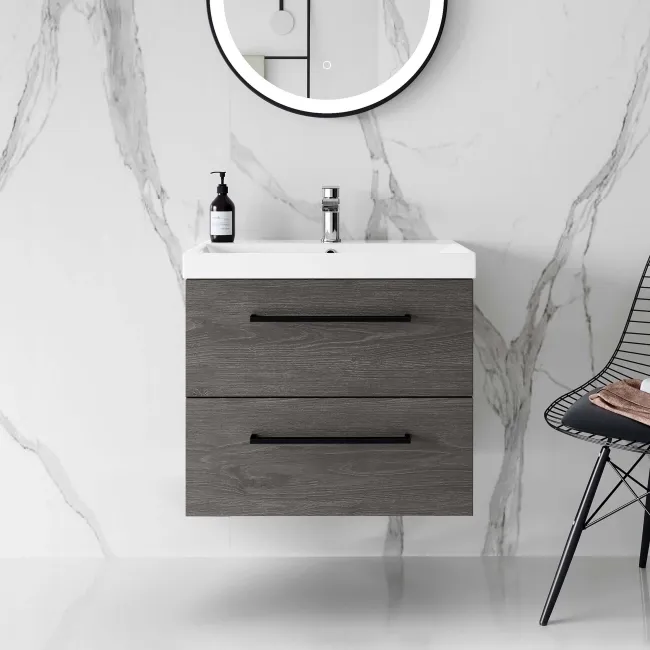 Elba Charcoal Elm Wall Hung Basin Drawer Vanity 600mm - Black Accents