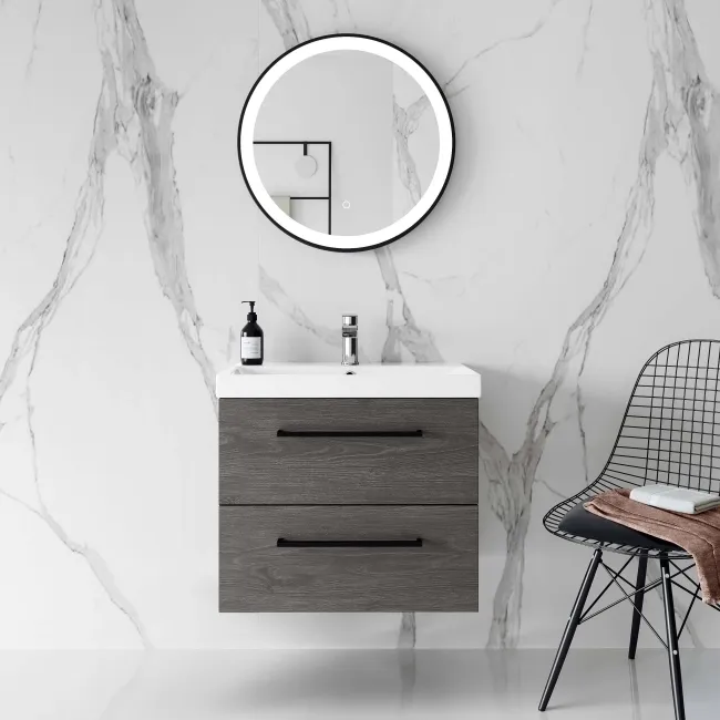 Elba Charcoal Elm Wall Hung Basin Drawer Vanity 600mm - Black Accents