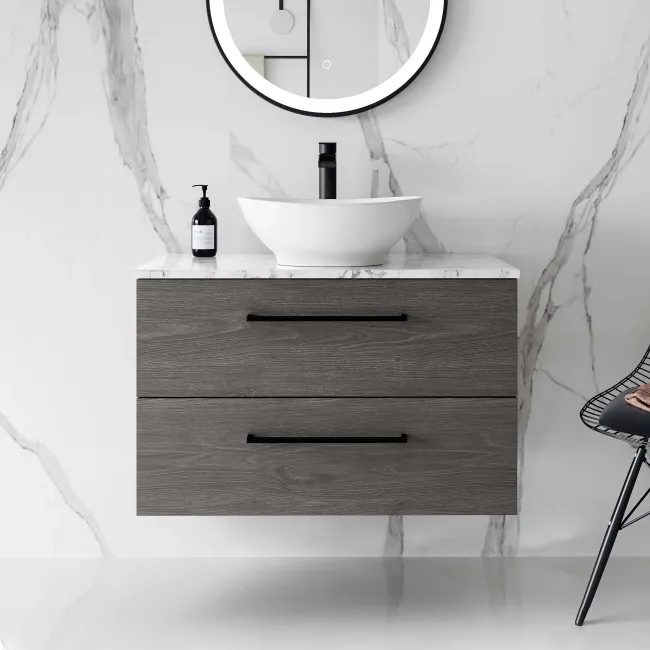 Elba Charcoal Elm Wall Hung Drawer Vanity Marble Top & Oval Counter Top Basin 800mm - Black Accents