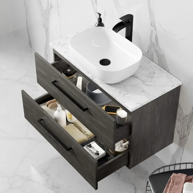 Elba Charcoal Elm Wall Hung Vanity Marble Top & Curved Counter Top Basin 800mm - Black Accents