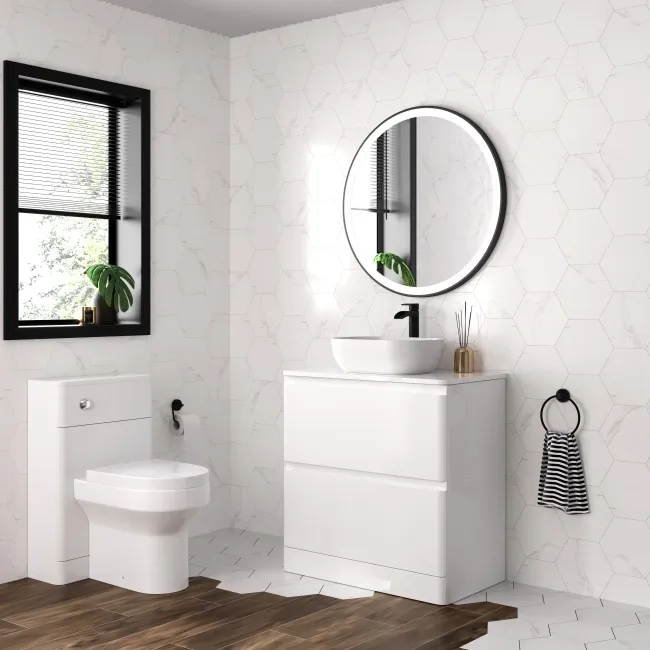 Curved Gloss White Slimline Back To Wall Unit and Denver Toilet