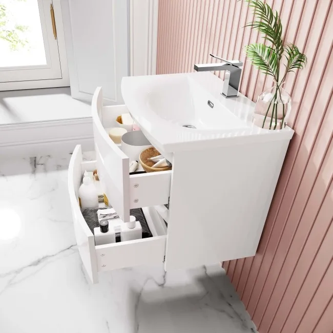 Bali Gloss White Wall Hung Basin Drawer Vanity 600mm