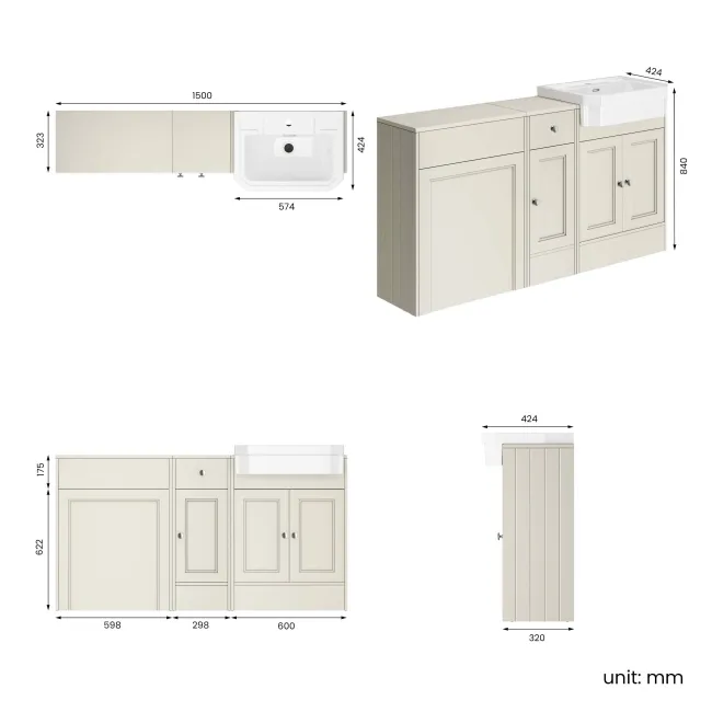 Monaco Chalk White Combination Vanity Traditional Basin 1500mm (Excludes Pan & Cistern)