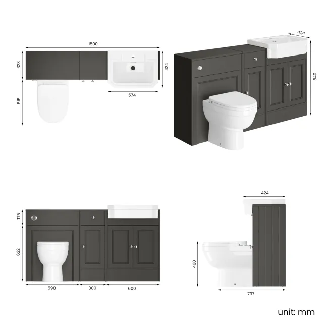 Monaco Graphite Grey Combination Vanity Traditional Basin and Seattle Toilet 1500mm
