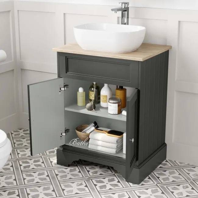 Lucia Graphite Grey Vanity with Oak Effect Top & Curved Counter Top Basin 640mm