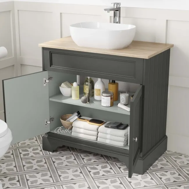 Lucia Graphite Grey Vanity with Oak Effect Top & Curved Counter Top Basin 840mm