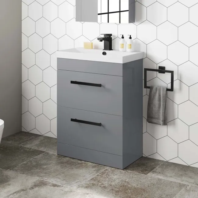 Avon Stone Grey Basin Drawer Vanity 600mm - Black Accents