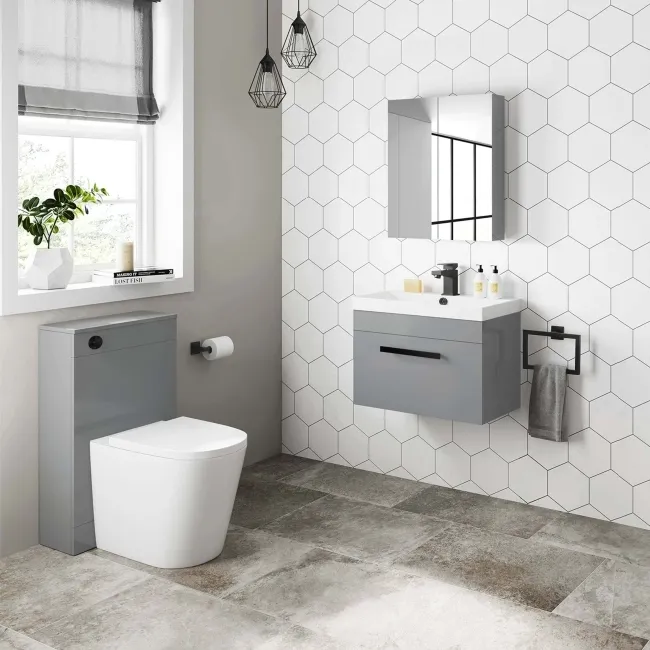 Avon Stone Grey Wall Hung Basin Drawer Vanity 600mm - Black Accents