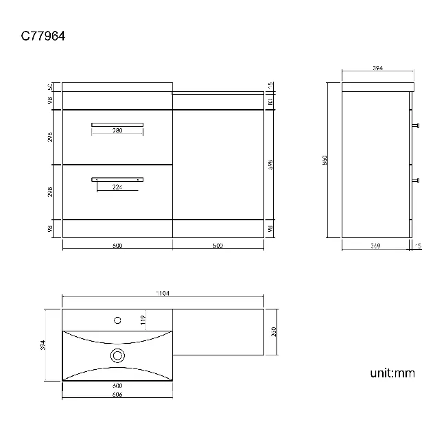 Avon Stone Grey Basin Vanity and Back To Wall Toilet Unit 1100mm (Excludes Toilet) - Black Accents