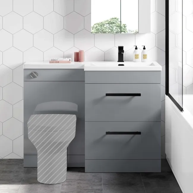 Avon Stone Grey Basin Vanity Drawer and Back To Wall Unit 1100mm - Black Accents - Right Handed