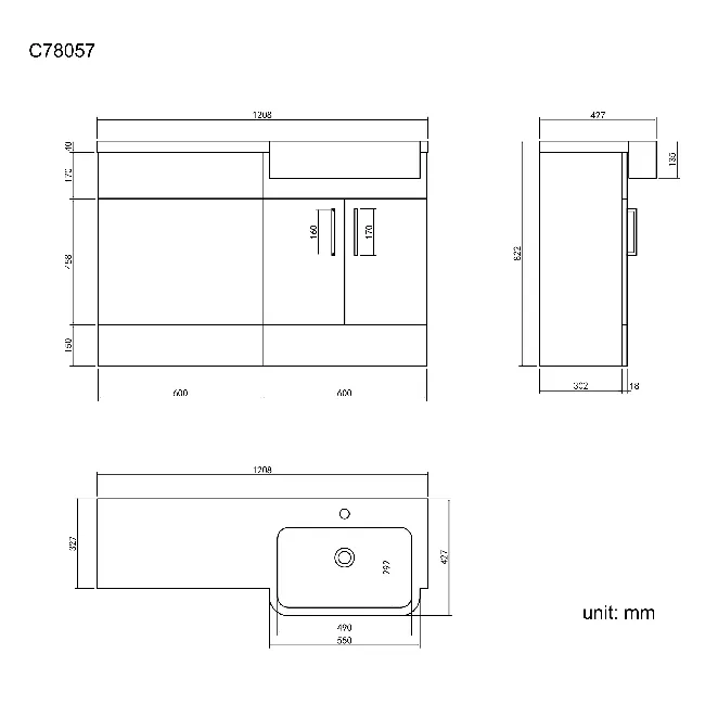 Harper Gloss White Basin Vanity and Back To Wall Toilet Unit 1200mm - Black Accents - Right Handed
