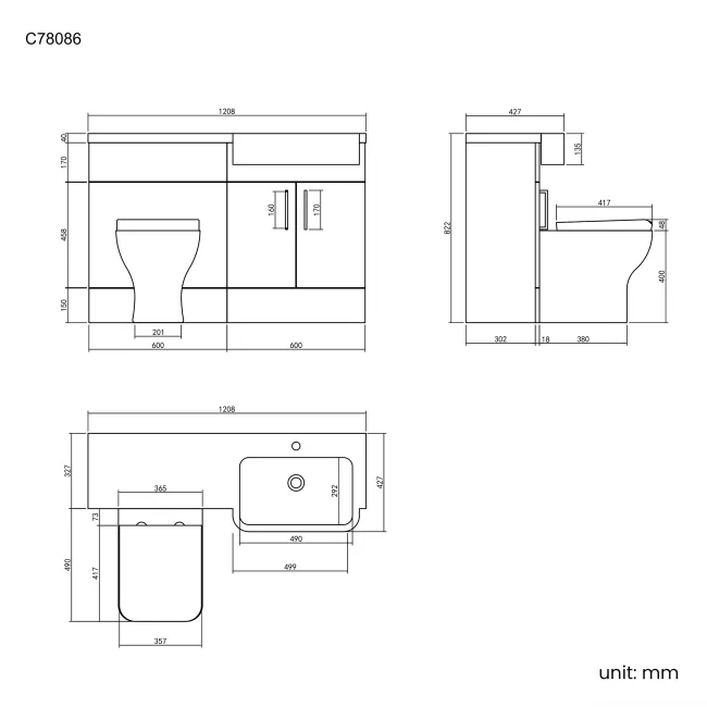 Harper Stone Grey Combination Vanity Basin and Atlanta Toilet 1200mm - Black Accents - Right Handed