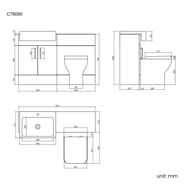 Harper Stone Grey Combination Vanity Basin with Marble Top & Atlanta Toilet 1200mm - Black Accents