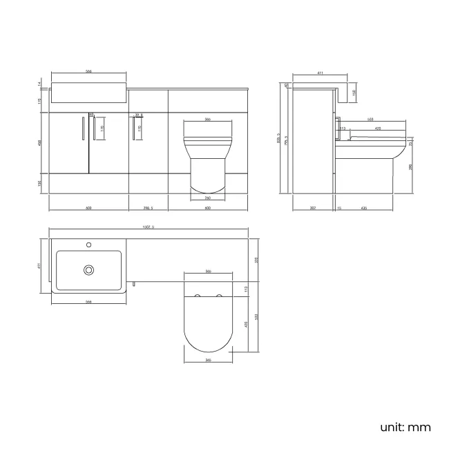 Harper Charcoal Elm Combination Vanity Basin with Marble Top & Miami Toilet 1500mm - Black Accents