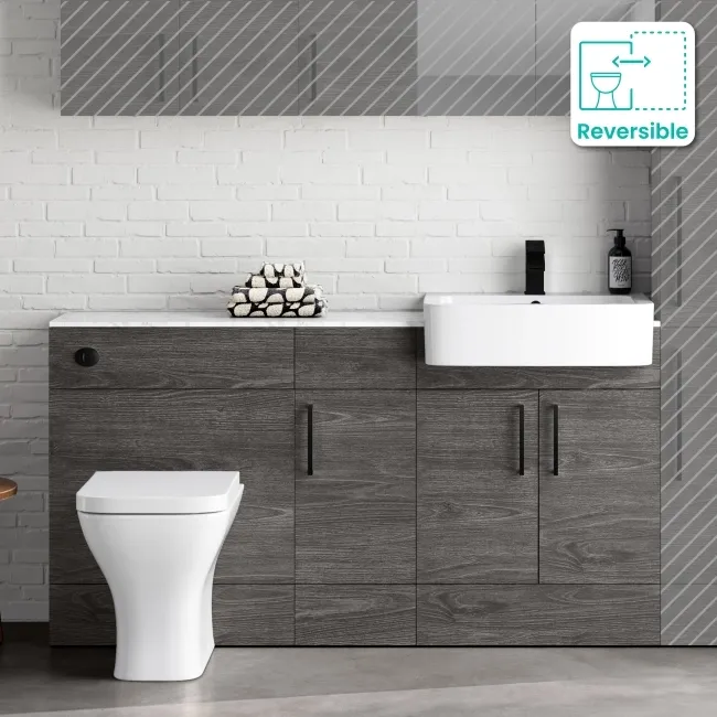 Harper Charcoal Elm Combination Vanity Basin with Marble Top & Atlanta Toilet 1500mm - Black Accents