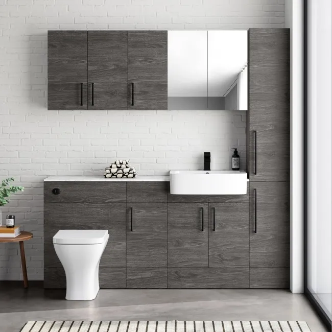 Harper Charcoal Elm Combination Vanity Basin with Marble Top & Atlanta Toilet 1500mm - Black Accents