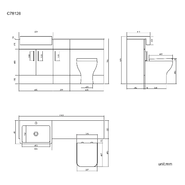 Harper Charcoal Elm Combination Vanity Basin with Marble Top & Atlanta Toilet 1500mm - Black Accents