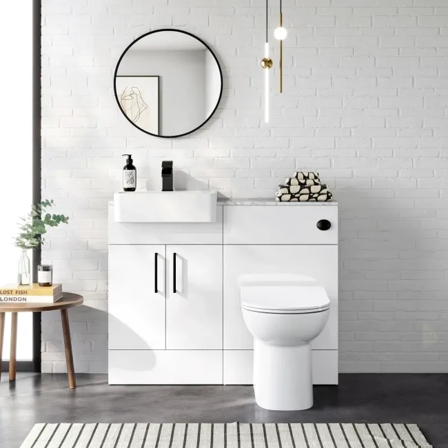 Harper Gloss White Combination Vanity Basin with Marble Top & Aruba Toilet 1000mm - Black Accents