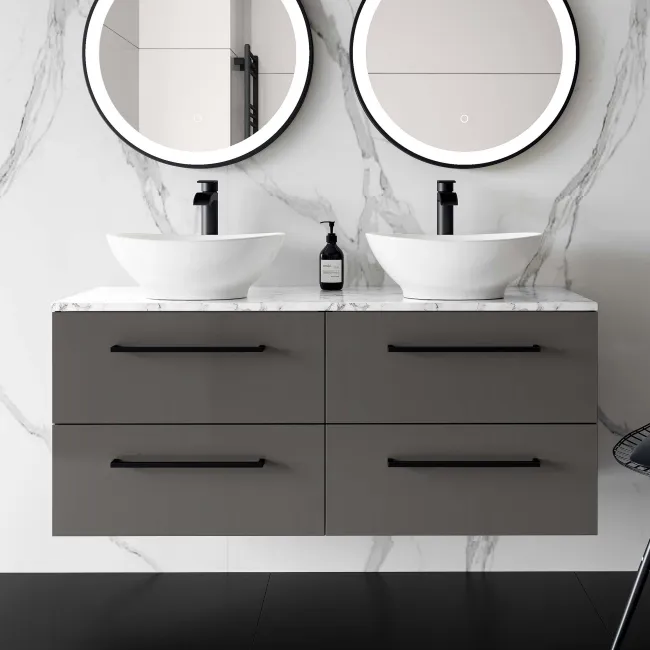 Elba Graphite Grey Double Wall Hung Drawer Vanity Marble Top & Oval Basin 1200mm - Black Accents