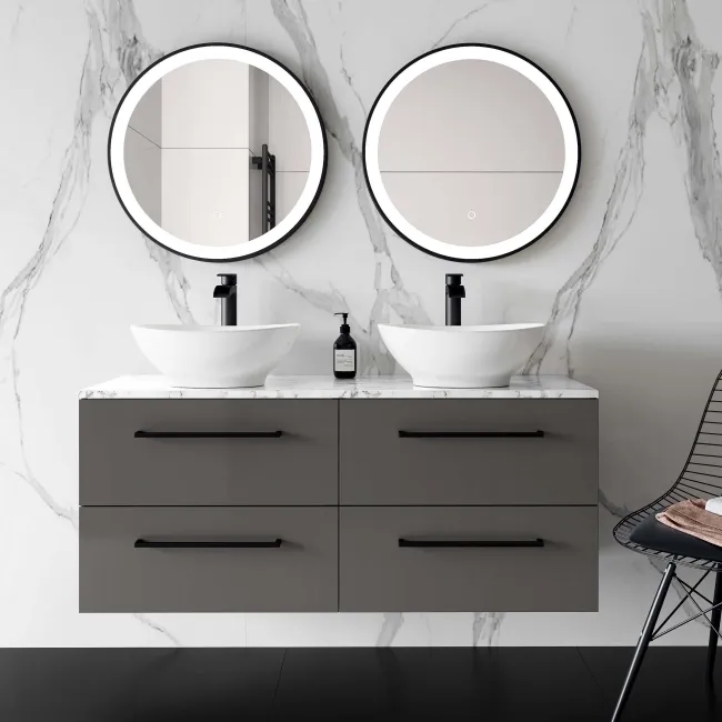 Elba Graphite Grey Double Wall Hung Drawer Vanity Marble Top & Oval Basin 1200mm - Black Accents