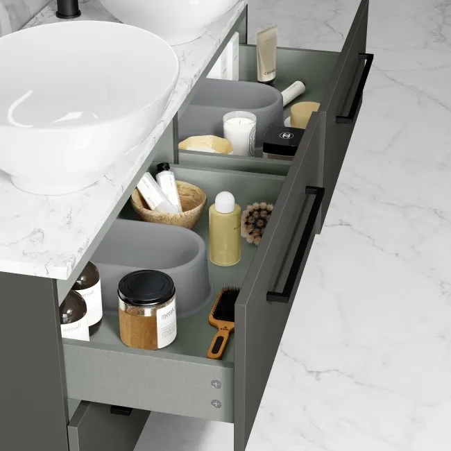 Elba Graphite Grey Double Wall Hung Drawer Vanity Marble Top & Oval Basin 1200mm - Black Accents