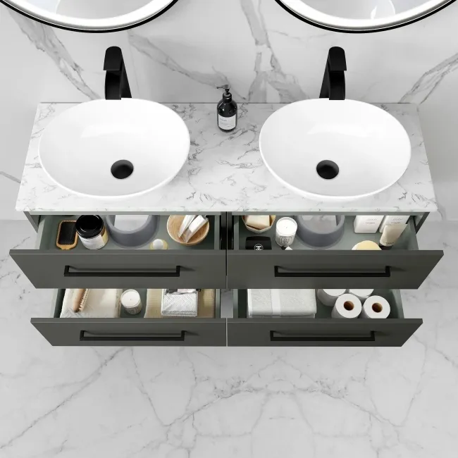 Elba Graphite Grey Double Wall Hung Drawer Vanity Marble Top & Oval Basin 1200mm - Black Accents