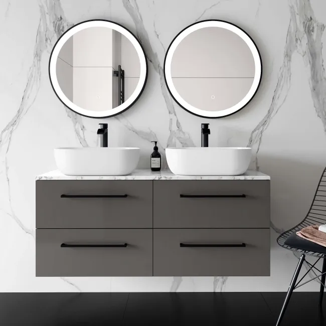 Elba Graphite Grey Double Wall Hung Drawer Vanity Marble Top & Curved Basin 1200mm - Black Accents