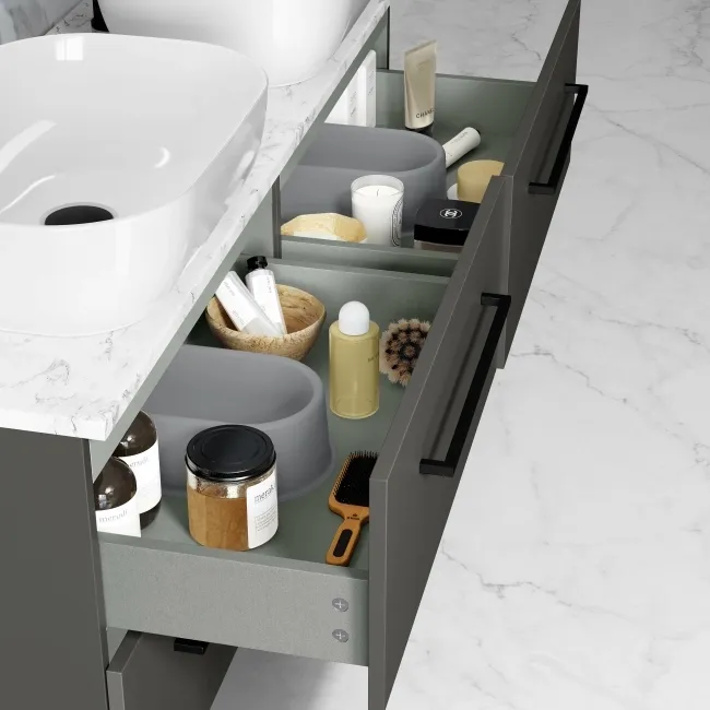 Elba Graphite Grey Double Wall Hung Drawer Vanity Marble Top & Curved Basin 1200mm - Black Accents