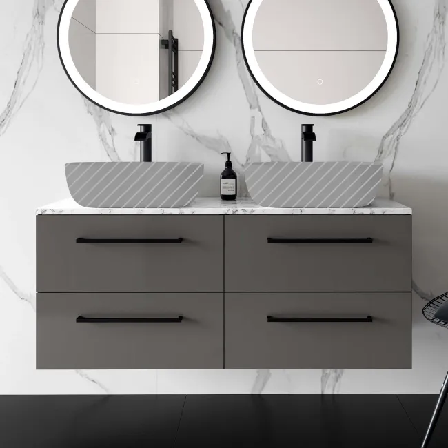Elba Graphite Grey Wall Hung Drawer with Marble Top 1200mm Excludes Basins - Black Accents