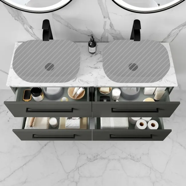 Elba Graphite Grey Wall Hung Drawer with Marble Top 1200mm Excludes Basins - Black Accents