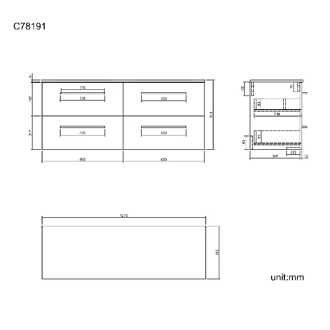 Elba Graphite Grey Wall Hung Drawer with Marble Top 1200mm Excludes Basins - Black Accents
