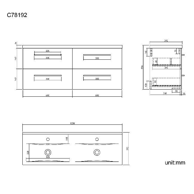 Elba Charcoal Elm Wall Hung Double Basin Drawer Vanity 1200mm - Black Accents