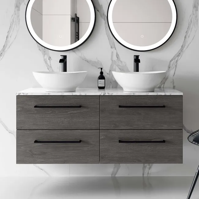 Elba Charcoal Elm Double Wall Hung Vanity with Marble Top & Oval Basin 1200mm - Black Accents