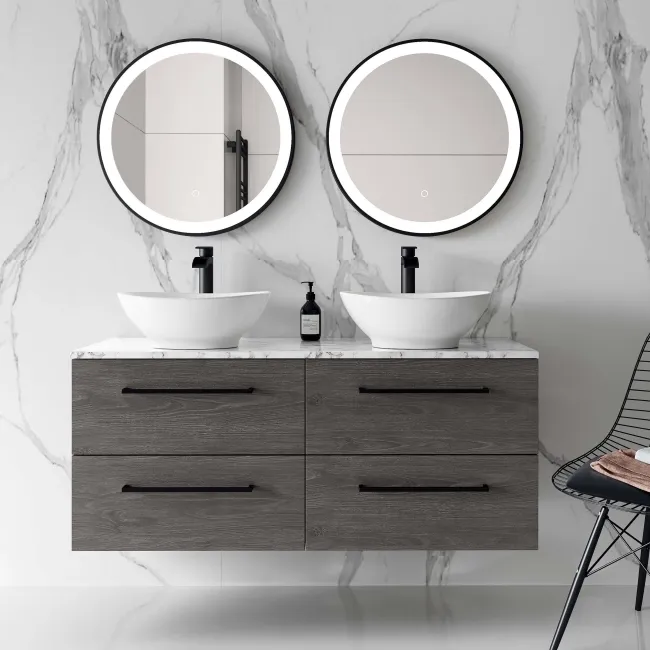 Elba Charcoal Elm Double Wall Hung Vanity with Marble Top & Oval Basin 1200mm - Black Accents