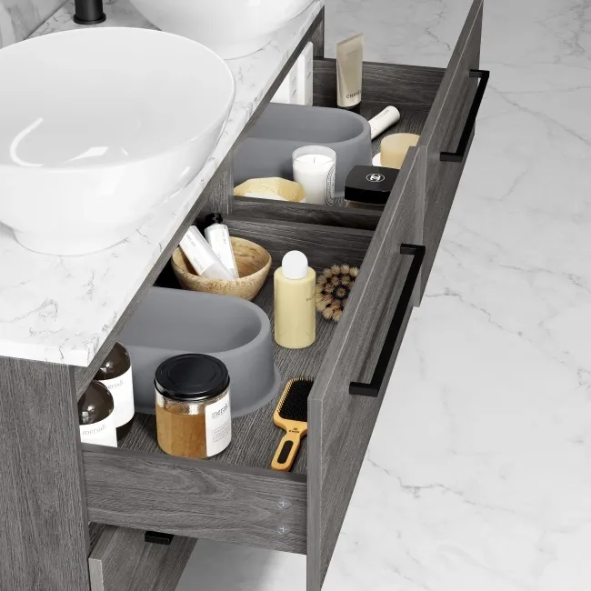 Elba Charcoal Elm Double Wall Hung Vanity with Marble Top & Oval Basin 1200mm - Black Accents