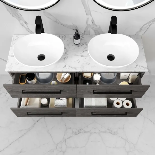 Elba Charcoal Elm Double Wall Hung Vanity with Marble Top & Oval Basin 1200mm - Black Accents