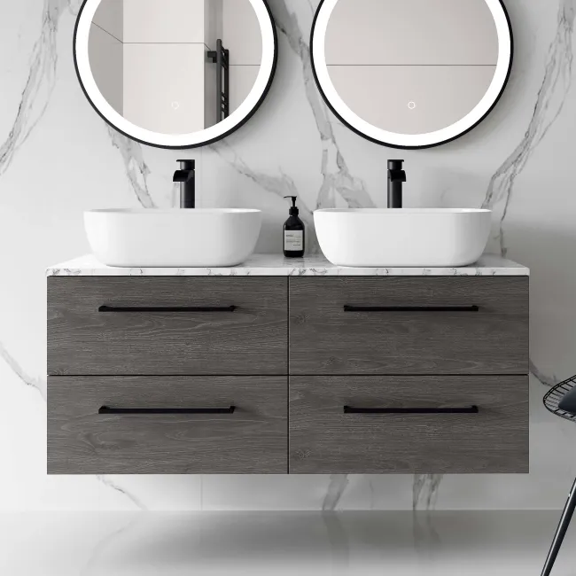 Elba Charcoal Elm Double Wall Hung Drawer Vanity Marble Top & Curved Basin 1200mm - Black Accents