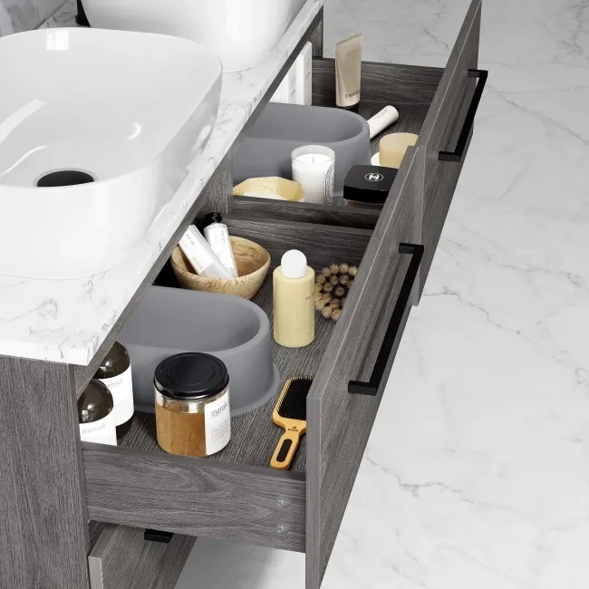 Elba Charcoal Elm Double Wall Hung Drawer Vanity Marble Top & Curved Basin 1200mm - Black Accents