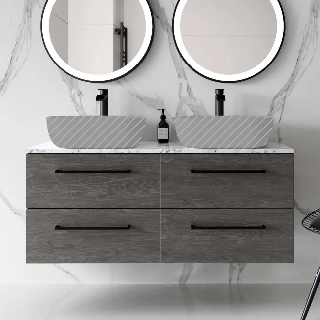 Elba Charcoal Elm Wall Hung Drawer with Marble Top 1200mm Excludes Basins - Black Accents
