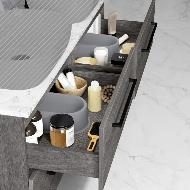 Elba Charcoal Elm Wall Hung Drawer with Marble Top 1200mm Excludes Basins - Black Accents
