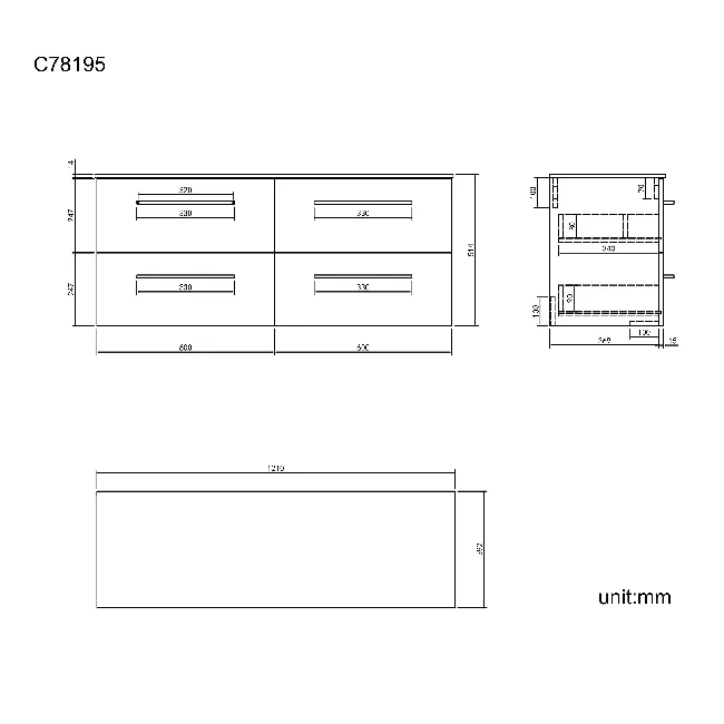 Elba Charcoal Elm Wall Hung Drawer with Marble Top 1200mm Excludes Basins - Black Accents