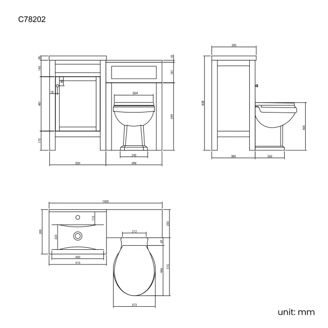Bermuda Dove Grey Combination Vanity Basin and Hudson Toilet with Wooden Seat 1000mm
