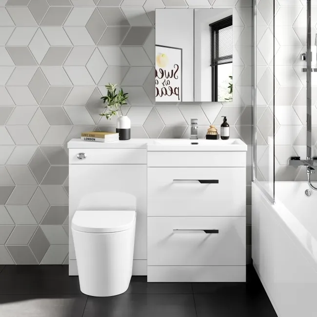 Avon Gloss White Combination Basin Drawer and Boston Toilet 1100mm - Right Handed