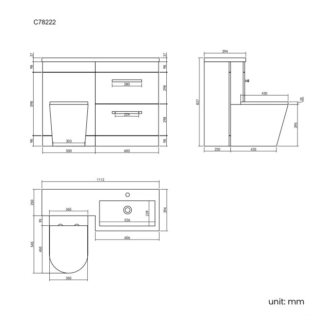 Avon Gloss White Combination Basin Drawer and Boston Toilet 1100mm - Right Handed