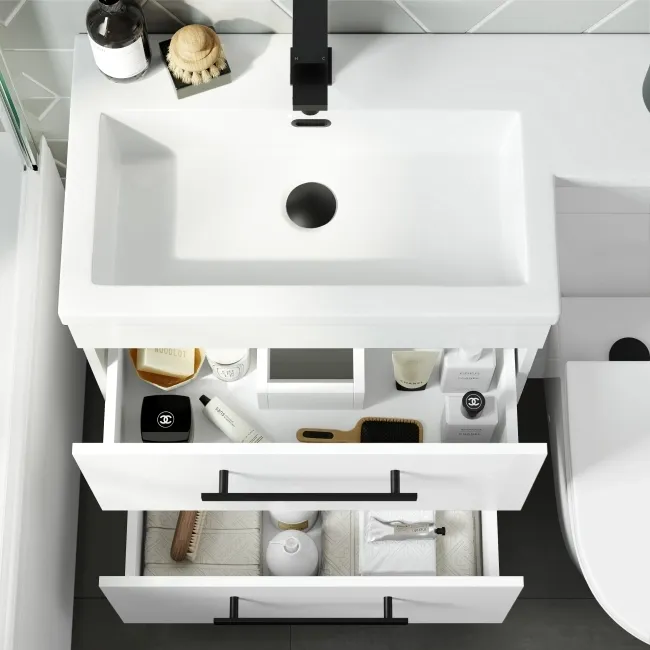 Avon Gloss White Combination Basin Drawer and Boston Toilet 1100mm - Black Accents - Left Handed