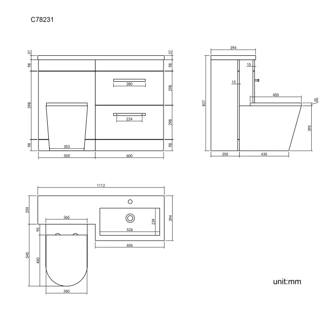 Avon Gloss White Combination Basin Drawer and Boston Toilet 1100mm - Black Accents - Right Handed