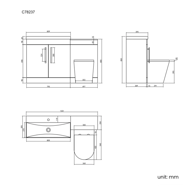 Avon Stone Grey Combination Vanity Basin and Boston Toilet 1300mm