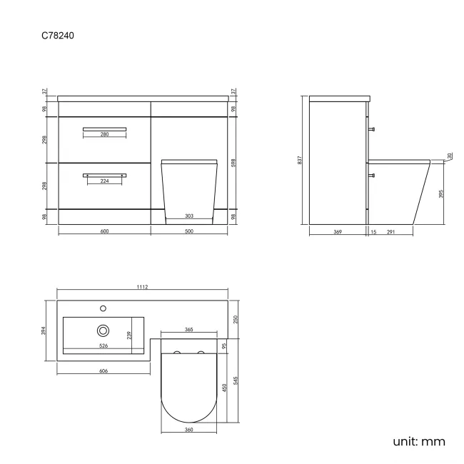 Avon Stone Grey Combination Basin Drawer and Boston Toilet 1100mm - Left Handed