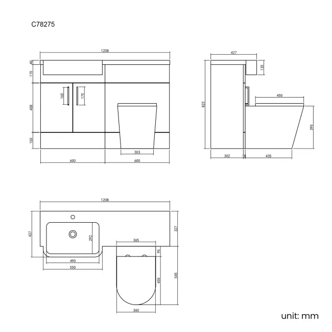 Harper Stone Grey Combination Vanity Basin and Boston Toilet 1200mm - Left Handed