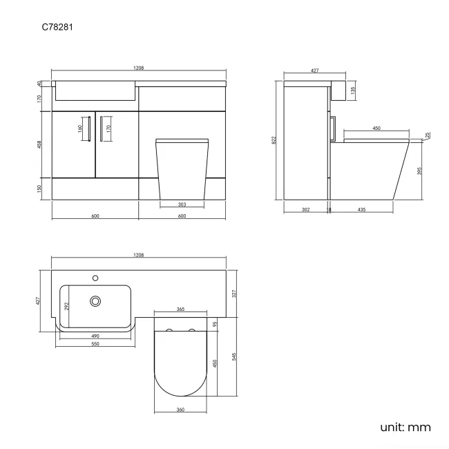 Harper Stone Grey Combination Vanity Basin and Boston Toilet 1200mm - Black Accents - Left Handed